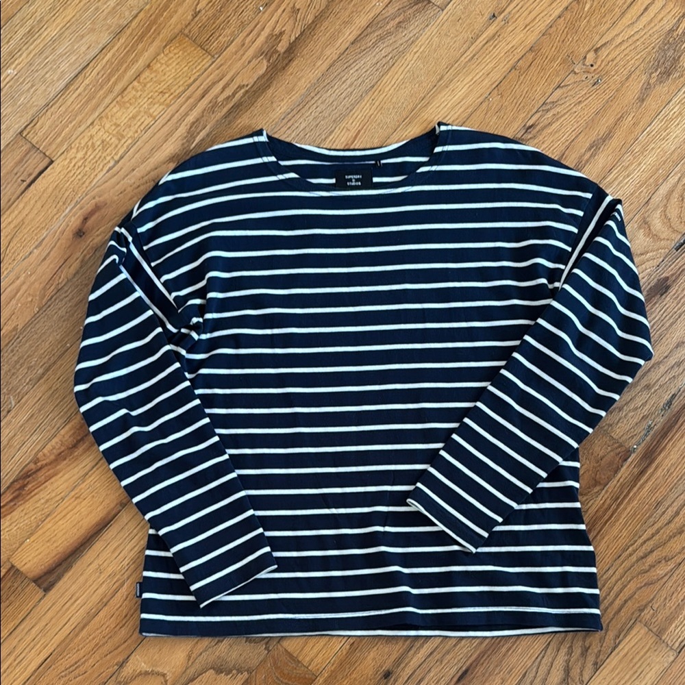 Superdry Navy and White Striped Long Sleeve Tee